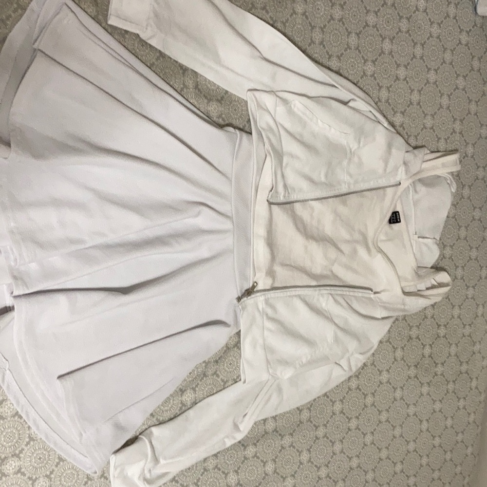 White Set With, Skirt, Tank top, And crop Zip up